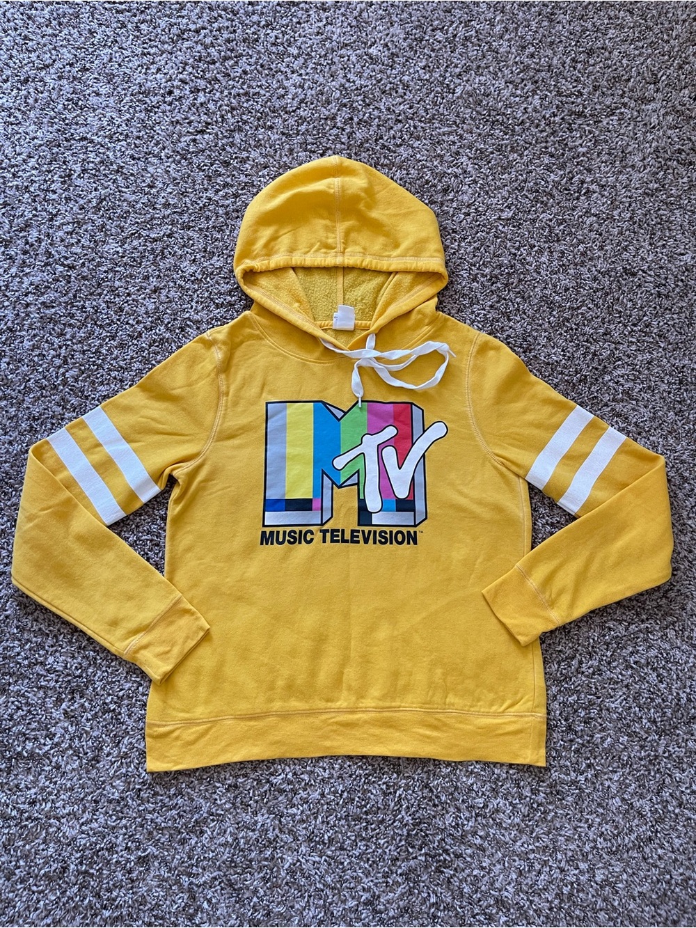 MTV Music Television Hoodie Yellow Retro Varsity Stripe Sweatshirt Womens Size L